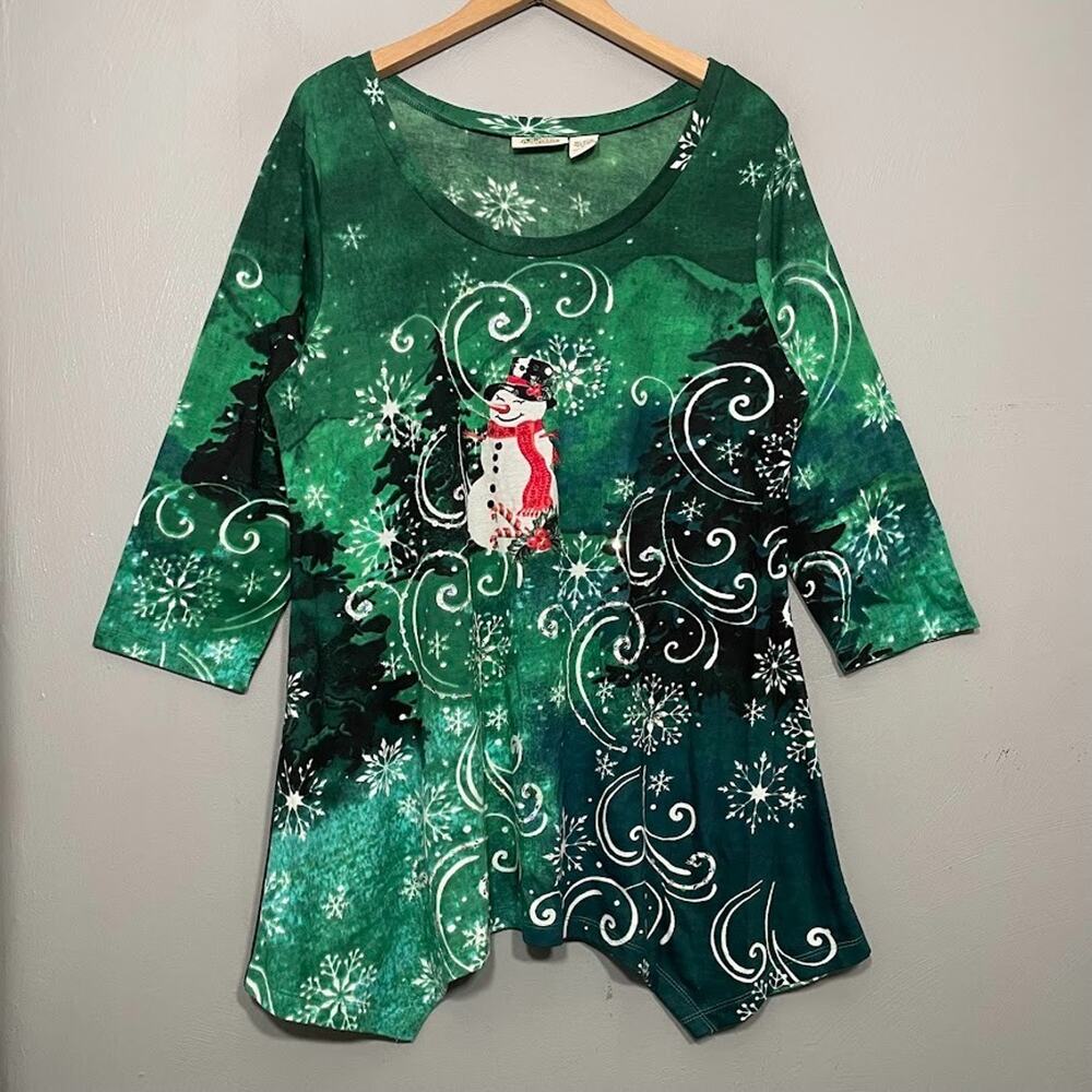 Collections Etc Tunic Top Size L Green Christmas Snowman Sequin Handkerchief Hem